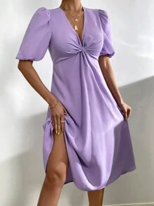 Chiquease Twist Front Zip Back Puff Sleeve Dress - Lilac Purple - View 6