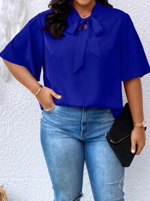 SHEIN Clasi Áo sơ mi Plus Size Thắt nơ trước màu trơn Thanh lịch - Xanh đậm - Xem 1