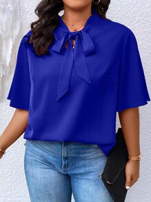 SHEIN Clasi Áo sơ mi Plus Size Thắt nơ trước màu trơn Thanh lịch - Xanh đậm - Xem 3