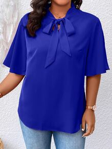 SHEIN Clasi Áo sơ mi Plus Size Thắt nơ trước màu trơn Thanh lịch - Xanh đậm - Xem 4