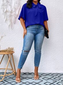 SHEIN Clasi Áo sơ mi Plus Size Thắt nơ trước màu trơn Thanh lịch - Xanh đậm - Xem 5