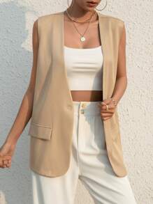 SHEIN Essnce 秋冬纯色单扣背心 - 卡其色 - 查看 3