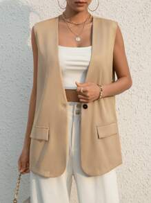 SHEIN Essnce 秋冬纯色单扣背心 - 卡其色 - 查看 4