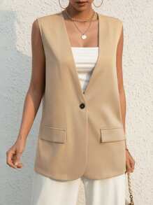 SHEIN Essnce 秋冬纯色单扣背心 - 卡其色 - 查看 5