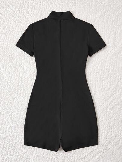 SHEIN EZwear Bộ đồ liền quần mùa hè có dây kéo chữ vá màu đen