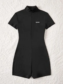 SHEIN EZwear Summer Outfit Letter Patched Zip Up Black Unitard Romper