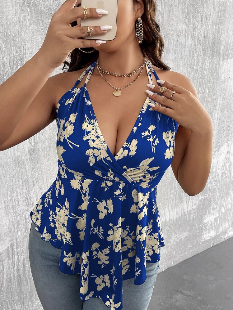 Celure Top halter con estampado floral de espalda abierta con cordón - Azul - Añade 6