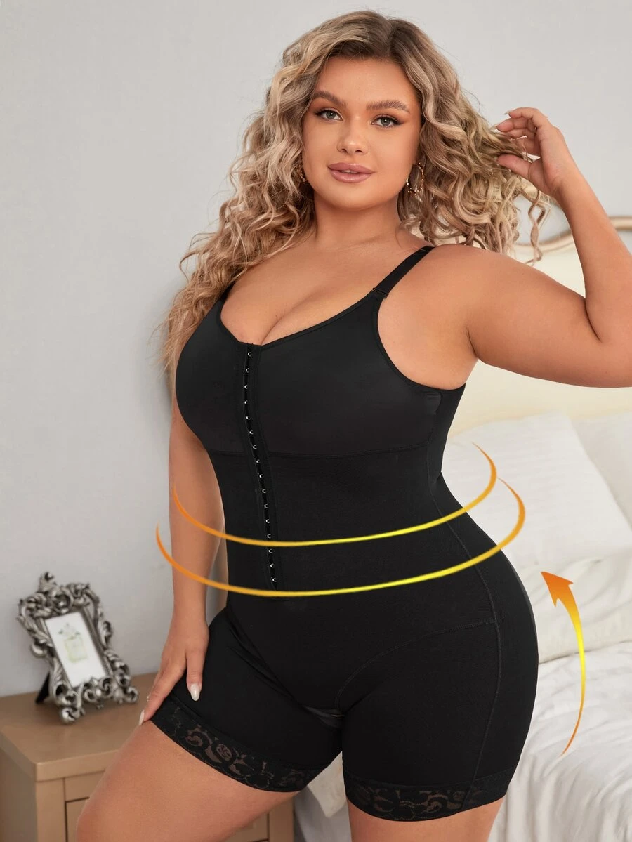 Plus Hook And Eye Front Shapewear Unitard - Black - View 1