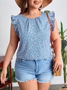 SHEIN LUNE Plus Heart Print Ruffle Trim Blouse, Summer - Blue and White - View 1