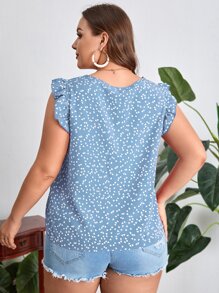 SHEIN LUNE Plus Heart Print Ruffle Trim Blouse, Summer - Blue and White - View 2