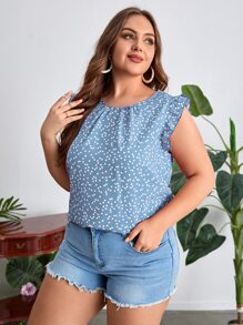 SHEIN LUNE Plus Heart Print Ruffle Trim Blouse, Summer - Blue and White - View 6