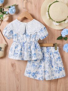 SHEIN 小女童印花拼接水溶蕾絲花邊下擺上衣和短褲 - 藍白色 - 查看 4