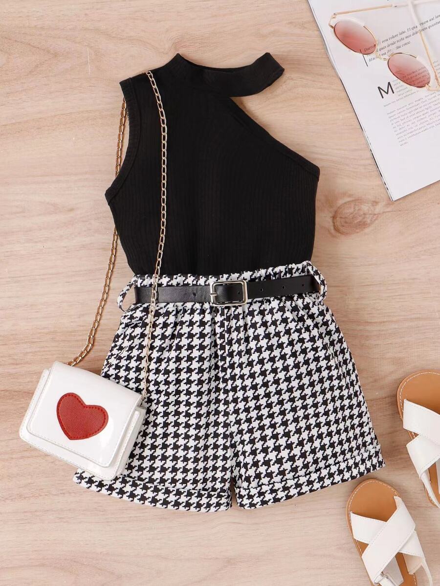 SHEIN 小女童不對稱領上衣和千鳥格印花短褲 - 黑與白 - 查看 1
