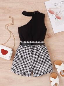 SHEIN 小女童不對稱領上衣和千鳥格印花短褲 - 黑與白 - 查看 2