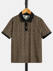 SHEIN 男孩滿版印花拼接邊POLO衫 - 彩色 - 查看 1