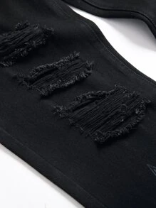 Men Star Print Ripped Frayed Rag Stitching Jeans - Black - View 6
