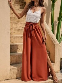 SHEIN LUNE 蕾絲拼接高衩腰帶吊帶連體褲 - 彩色 - 查看 3