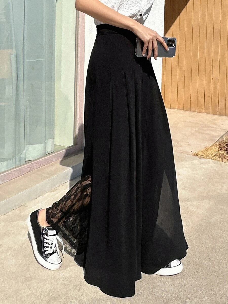 DAZY Solid Contrast Lace Wide Leg Trousers - Black - View 1