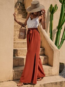 SHEIN LUNE 蕾絲拼接高衩腰帶吊帶連體褲 - 彩色 - 查看 5