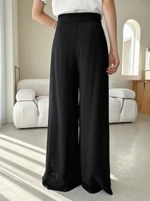 DAZY Solid Contrast Lace Wide Leg Trousers - Black - View 2