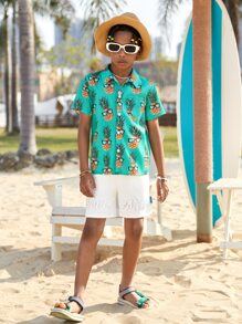 SHEIN SLAYR KIDS SLAYR KIDS Tween Boys Fruit Graphic Loose Woven Vacation Short Sleeve Shirt