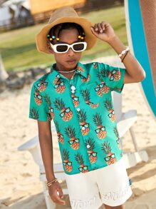 SHEIN SLAYR KIDS SLAYR KIDS Tween Boys Fruit Graphic Loose Woven Vacation Short Sleeve Shirt