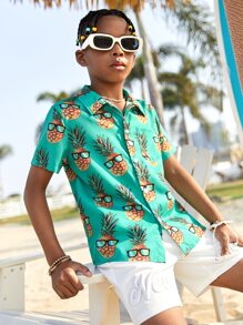 SHEIN SLAYR KIDS SLAYR KIDS Tween Boys Fruit Graphic Loose Woven Vacation Short Sleeve Shirt
