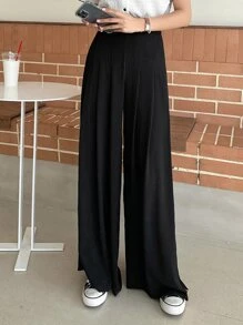 DAZY Solid Contrast Lace Wide Leg Trousers - Black - View 4