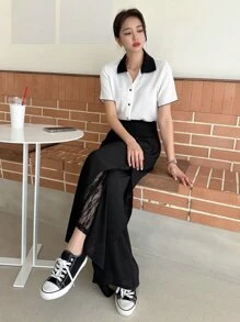 DAZY Solid Contrast Lace Wide Leg Trousers - Black - View 5