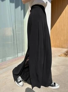 DAZY Solid Contrast Lace Wide Leg Trousers - Black - View 6