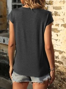 SHEIN LUNE Áo thun nữ màu trơn Giải trí - Màu xám đen - Xem 2