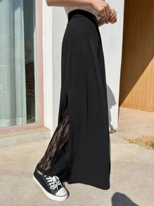 DAZY Solid Contrast Lace Wide Leg Trousers - Black - View 7