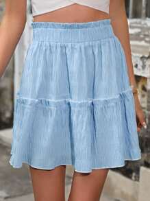 SHEIN WYWH Falda unicolor bajo con fruncido de cintura con volante - Celeste - Ver 6