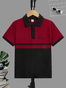 SHEIN Tween男孩休閒刺繡拼湊對比色落肩半扣釦披肩針織polo衫 - 彩色 - 查看 1