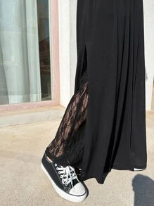 DAZY Solid Contrast Lace Wide Leg Trousers - Black - View 8