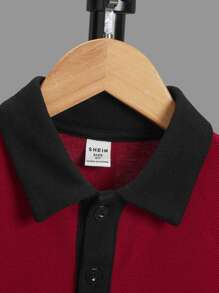 SHEIN Tween男孩休閒刺繡拼湊對比色落肩半扣釦披肩針織polo衫 - 彩色 - 查看 3