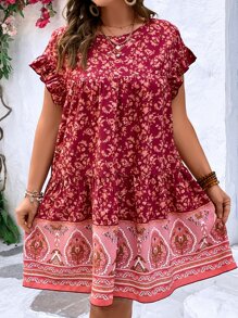 SHEIN LUNE Vestido smock con estampado floral de manga murciélago bajo con fruncido - Multicolor - Ver 1