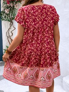 SHEIN LUNE Vestido smock con estampado floral de manga murciélago bajo con fruncido - Multicolor - Ver 2