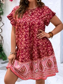 SHEIN LUNE Vestido smock con estampado floral de manga murciélago bajo con fruncido - Multicolor - Ver 3