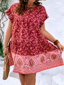 SHEIN LUNE Vestido smock con estampado floral de manga murciélago bajo con fruncido - Multicolor - Ver 4