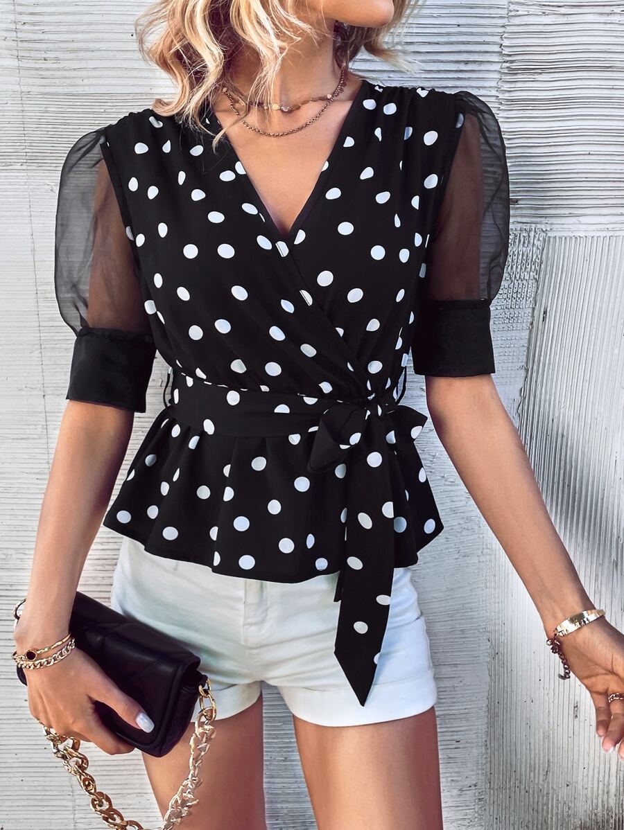 SHEIN Clasi Polka Dot Print Wrap Detail Mesh Panel Belted Blouse - Black and White - View 1