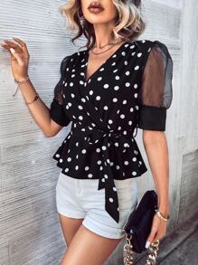 SHEIN Clasi Polka Dot Print Wrap Detail Mesh Panel Belted Blouse - Black and White - View 3