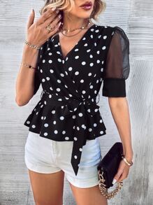 SHEIN Clasi Polka Dot Print Wrap Detail Mesh Panel Belted Blouse - Black and White - View 4