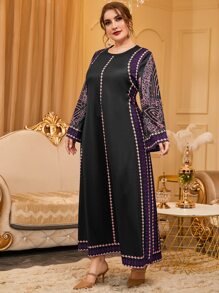 Al Najma Plus Geo 印花束腰连衣裙 女式长款服装 - 黑色 - 查看 3