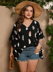 SHEIN VCAY Plus Feather Print Batwing Sleeve Blouse - Black - View 7