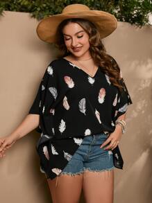 SHEIN VCAY Plus Feather Print Batwing Sleeve Blouse - Black - View 3