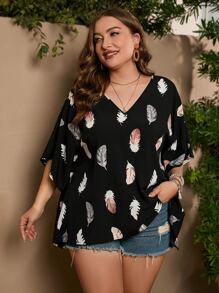SHEIN VCAY Plus Feather Print Batwing Sleeve Blouse - Black - View 4