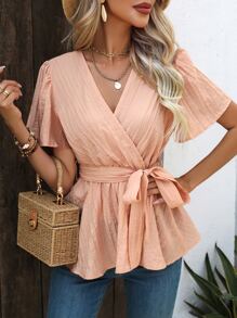 Breezaya Solid Surplice Neck Belted Blouse - Coral Pink - View 1