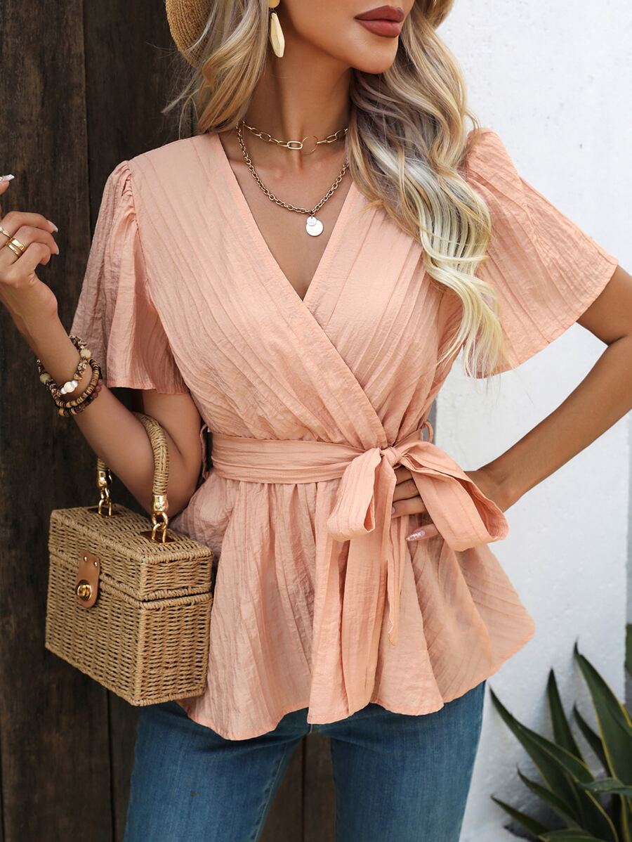 Breezaya Solid Surplice Neck Belted Blouse - Coral Pink - View 1