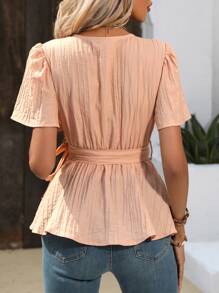 Breezaya Solid Surplice Neck Belted Blouse - Coral Pink - View 2